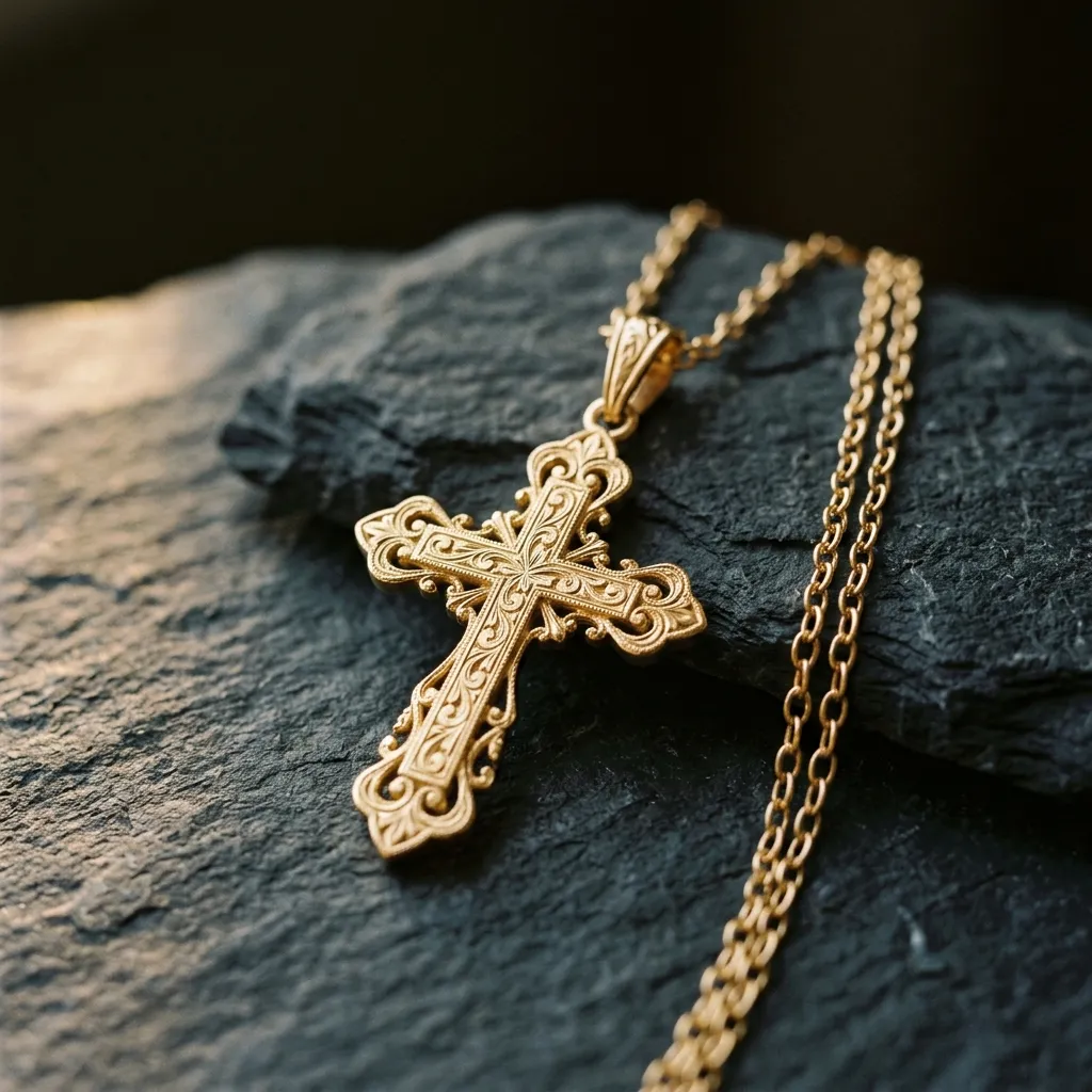 Pendentif croix gravée en or 18 carats sur chaîne