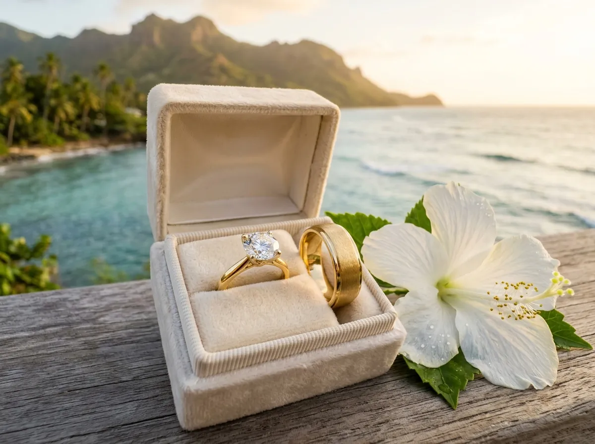 Solitaire diamant et alliance en or brossé dans un écrin, hibiscus et mer des Caraïbes