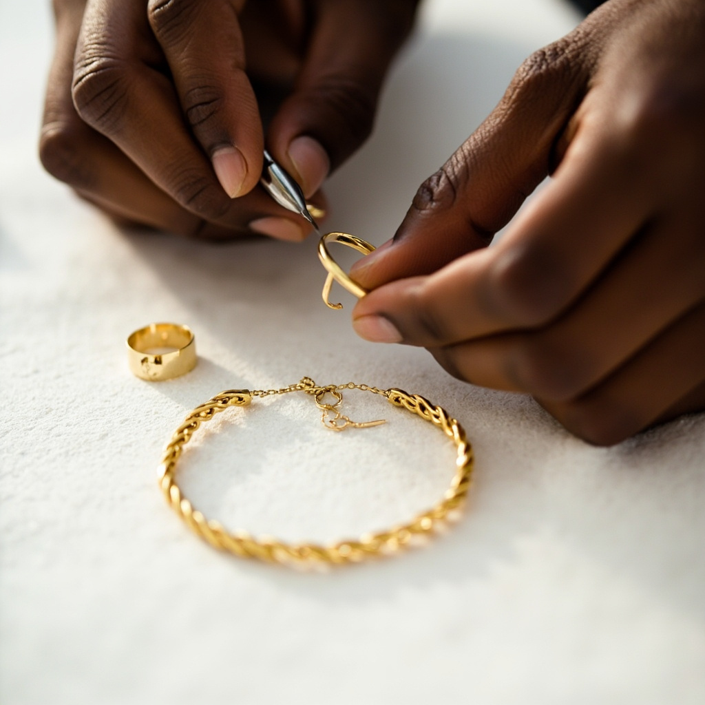 Mains d'artisan façonnant une créole en or 18 carats à l'atelier
