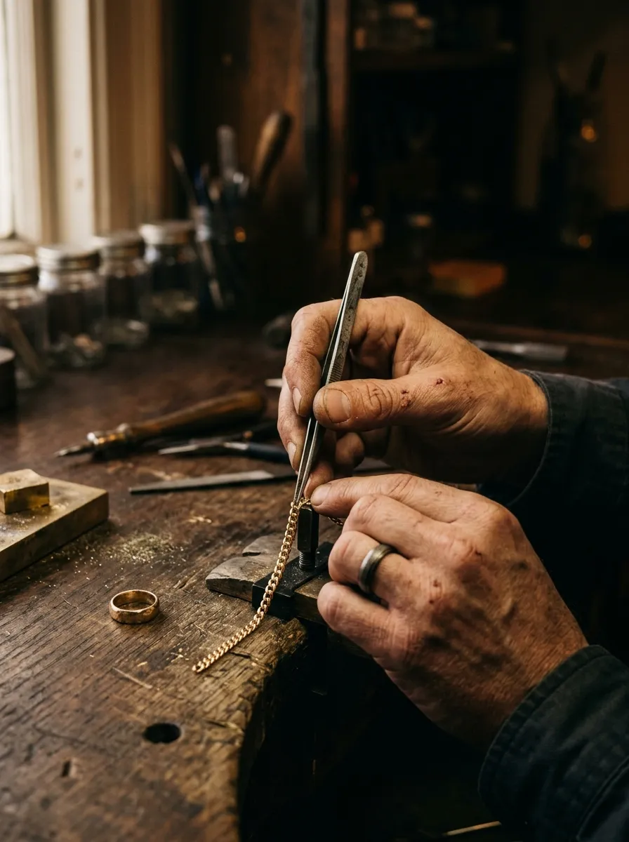 Main d'artisan travaillant une chaîne en or à l'atelier