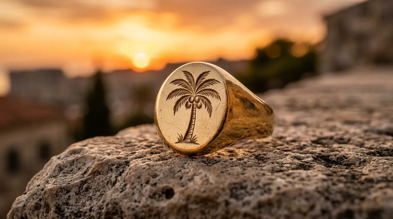 Chevalière en or gravée d'un palmier