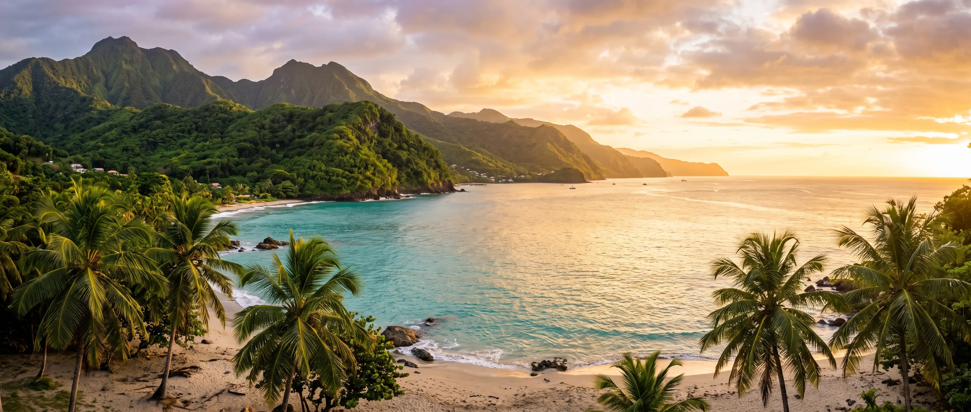 Montagnes vertes et mer turquoise de Guadeloupe au coucher du soleil