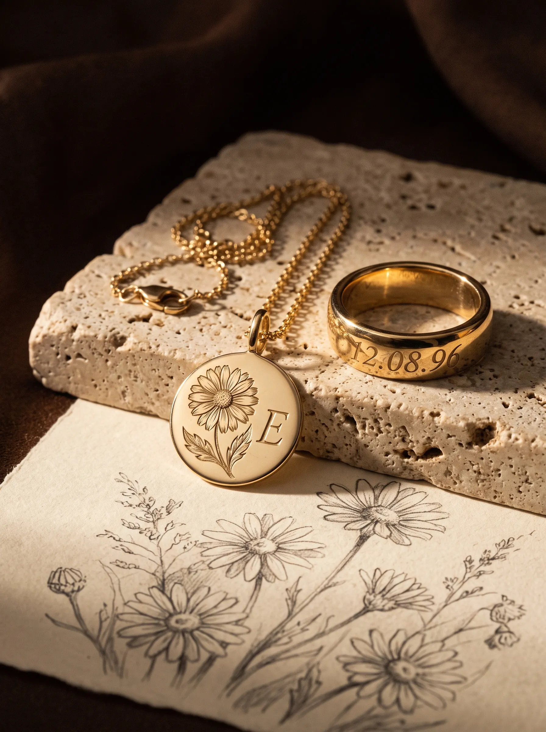 Pendentif médaille gravé d'une fleur et bague gravée d'une date, en or 18 carats
