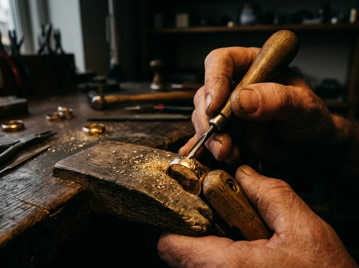 Mains d'artisan gravant une bague en or à l'établi