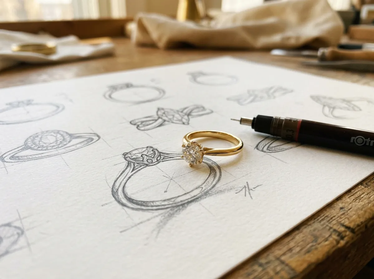 Croquis de bagues en or et bague réelle posée sur le dessin