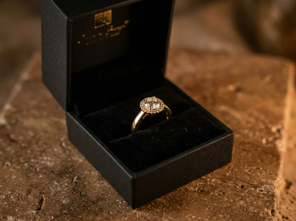 Écrin noir Luxor ouvert avec bague en or et diamants