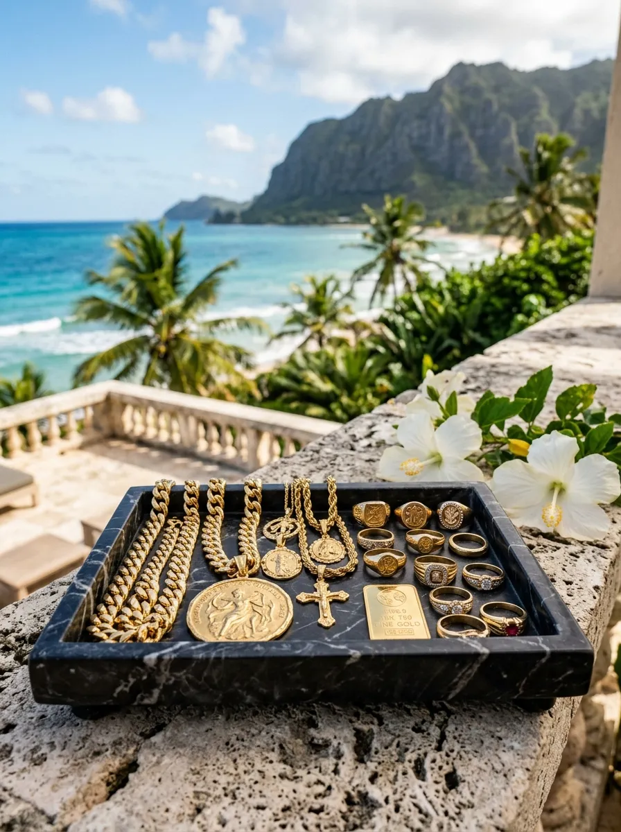 Plateau en marbre rempli de bijoux en or 18 carats face à la mer des Caraïbes