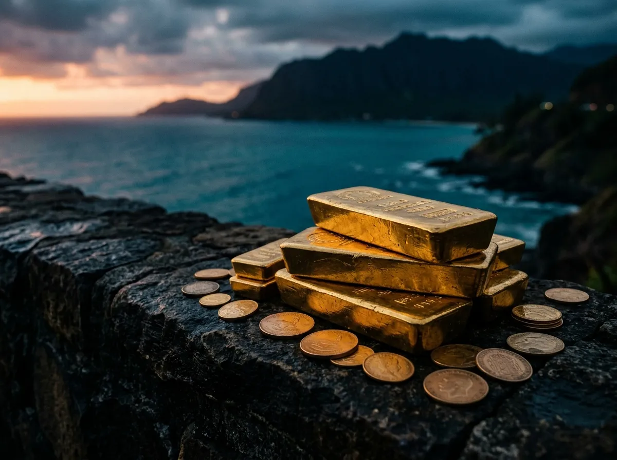 Lingots et pièces d'or au crépuscule face à la mer