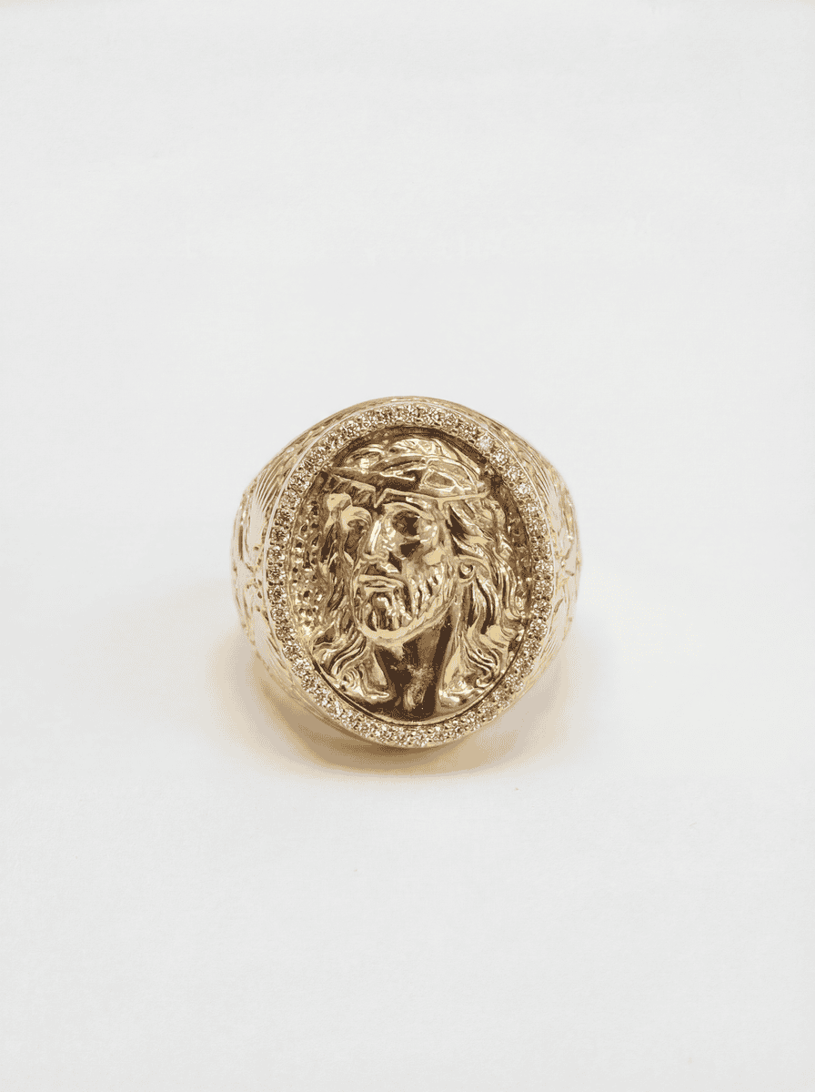 Chevalière ovale Tête de Jesus avec pierres incrustées taille 67 – Or 18 carats (750/1000e)