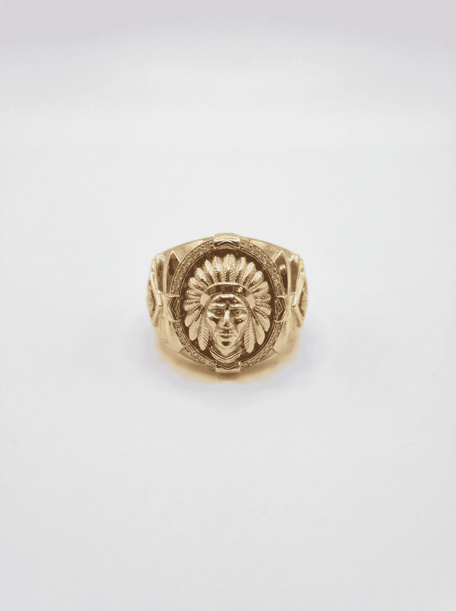 Chevalière ovale Tête d’Indien avec pierres incrustées taille 68 – Or 18 carats (750/1000e)