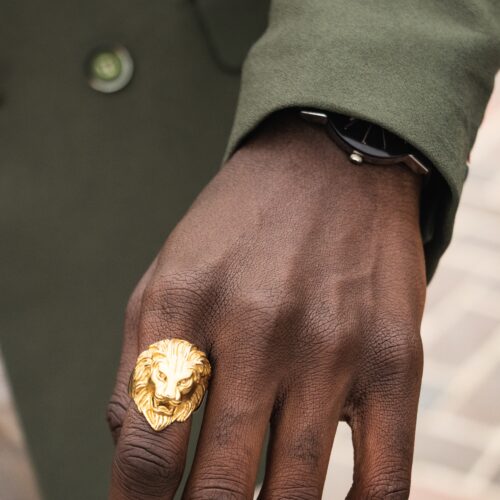 man wearing gold-colored lion ring