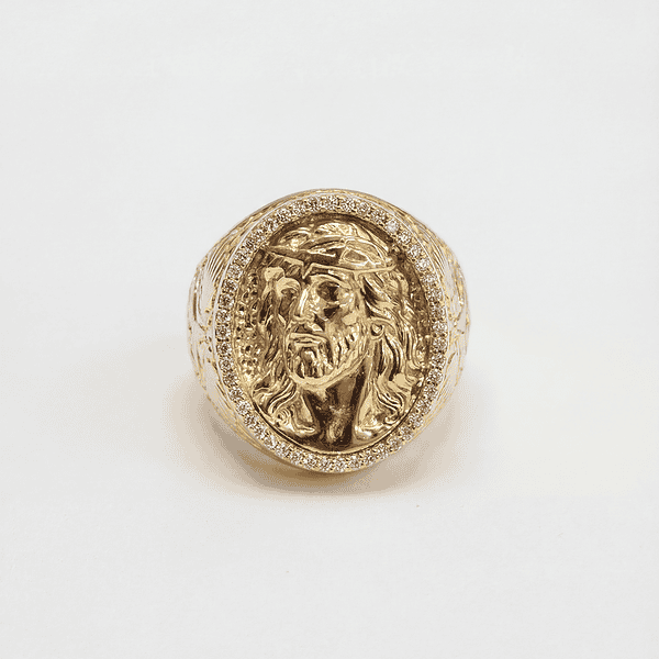 Chevalière ovale Tête de Jesus avec pierres incrustées taille 67 - Or 18 carats (750/1000e)